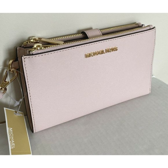 New Michael Kors Jet Set Travel Double zip wristlet wallet Leather Powder Blush - Picture 1 of 5